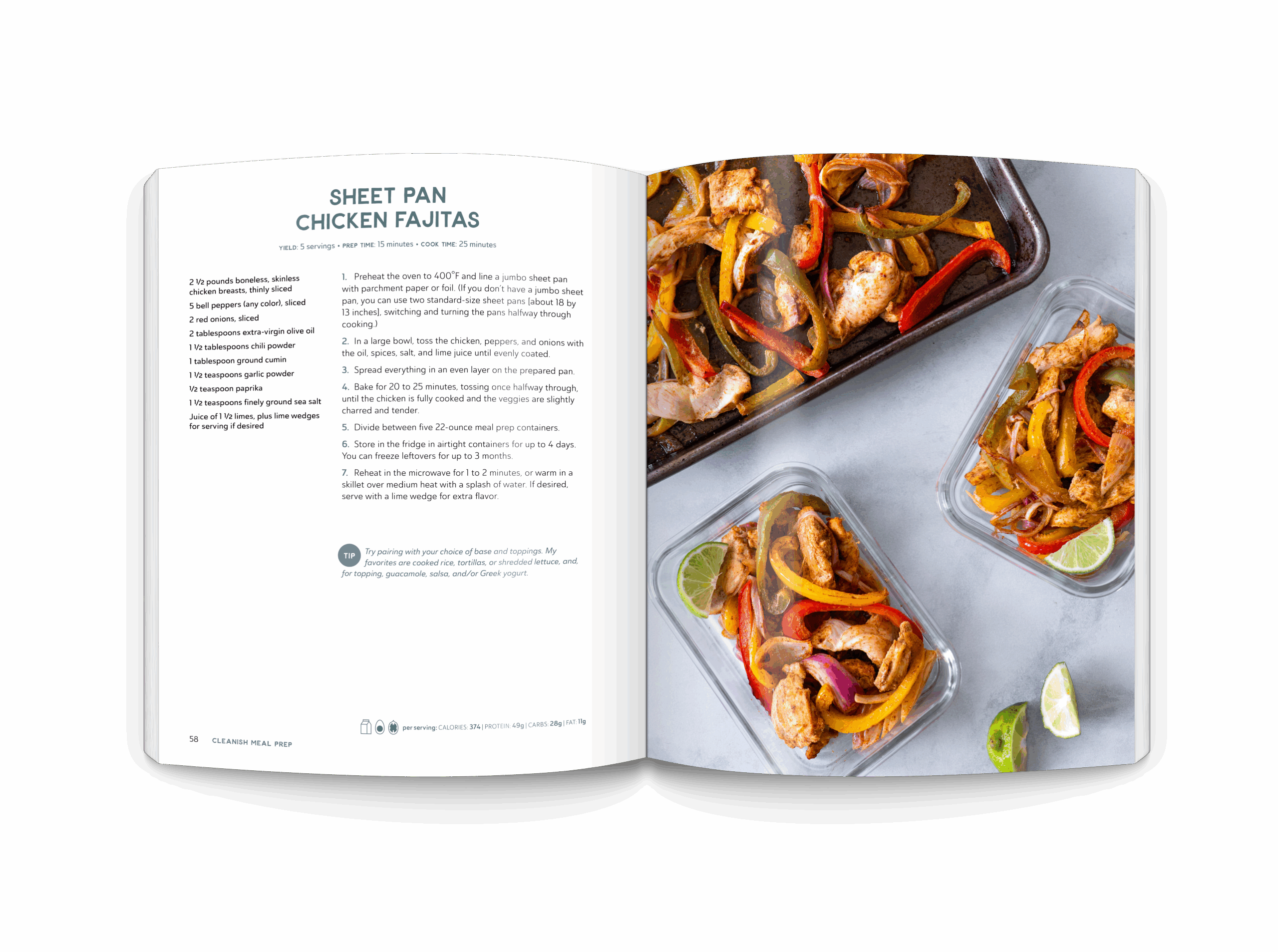 Interior cookbook spread from Cleanish Meal Prep featuring sheet-pan chicken fajitas portioned into meal prep containers, highlighting real-life meals that store well, reheat easily, and simplify healthy eating.
